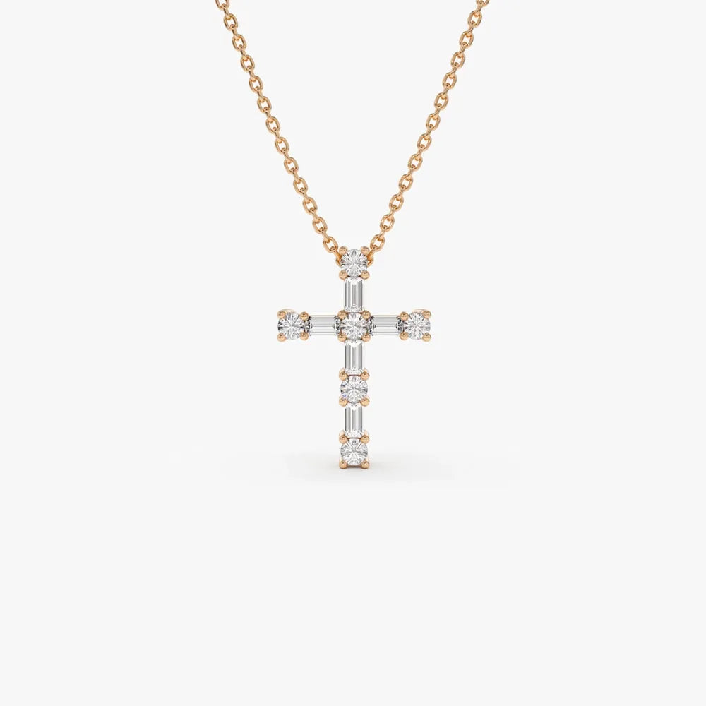14K Solid Gold Baguette and Round Diamond Pendant Necklace 0.40ctw