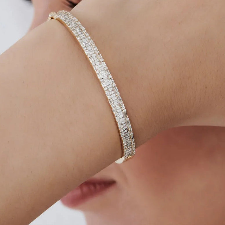 14K Solid Gold 2.60 CTW Baguette and Round Diamond Micro Pave Statement Bangle