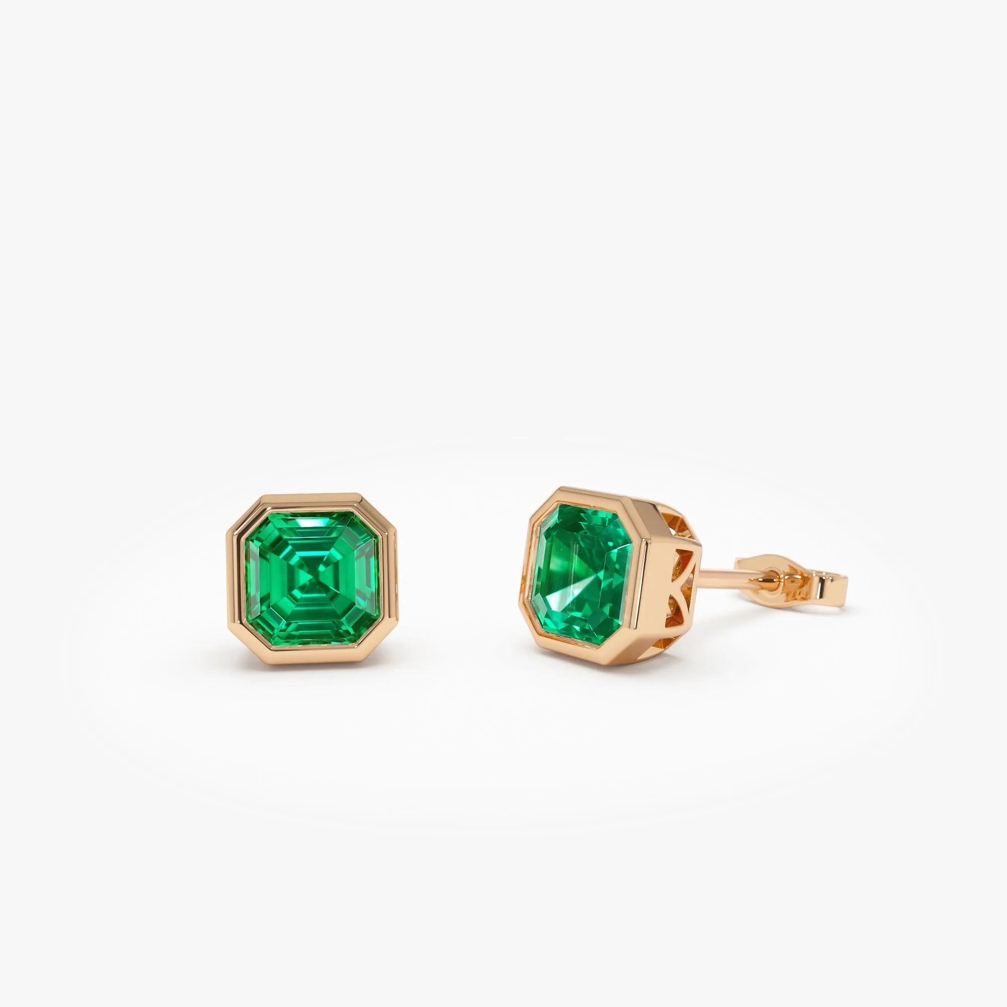 14k Gold Lab Grown Colombian Emerald Asscher Cut Bezel Setting Stud Earrings 2.30 ctw