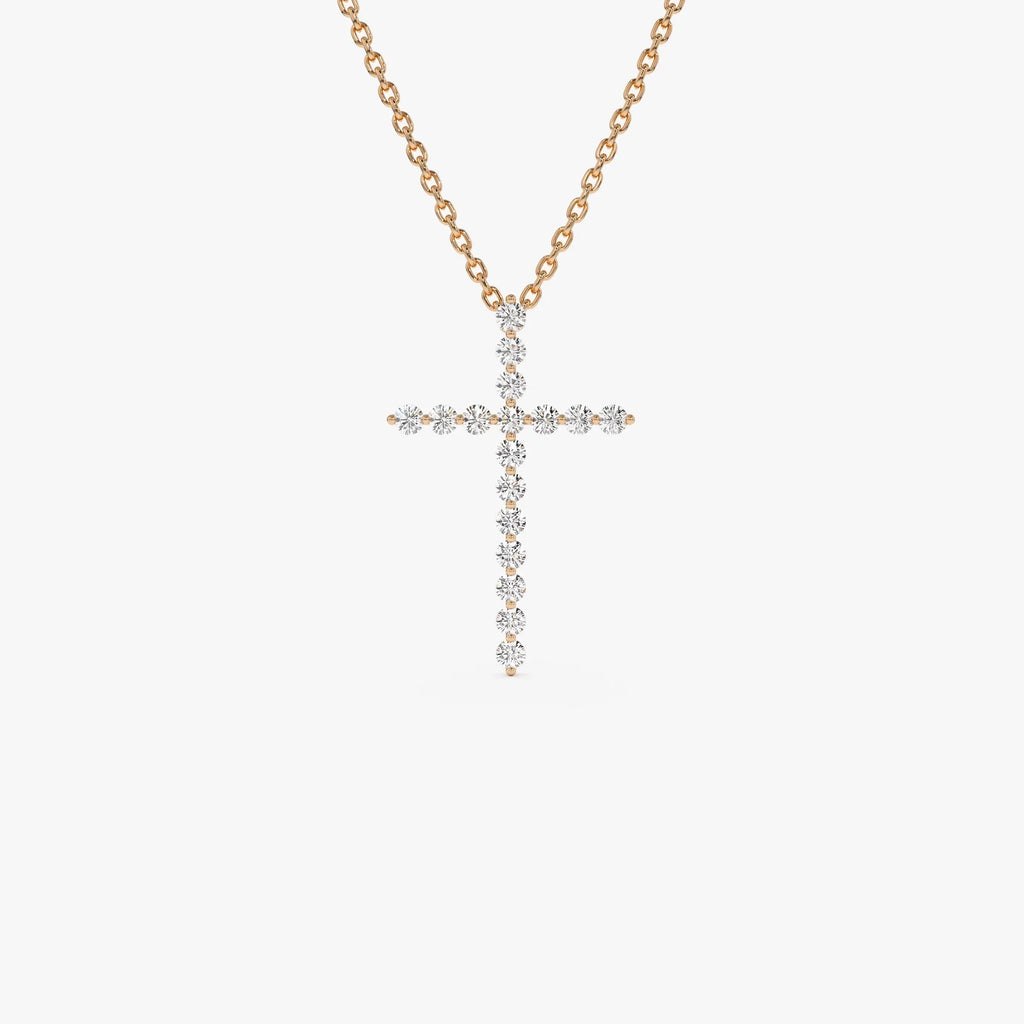 14K Solid Gold 0.29 CTW Round Diamond Single Shared Prong Cross Necklace