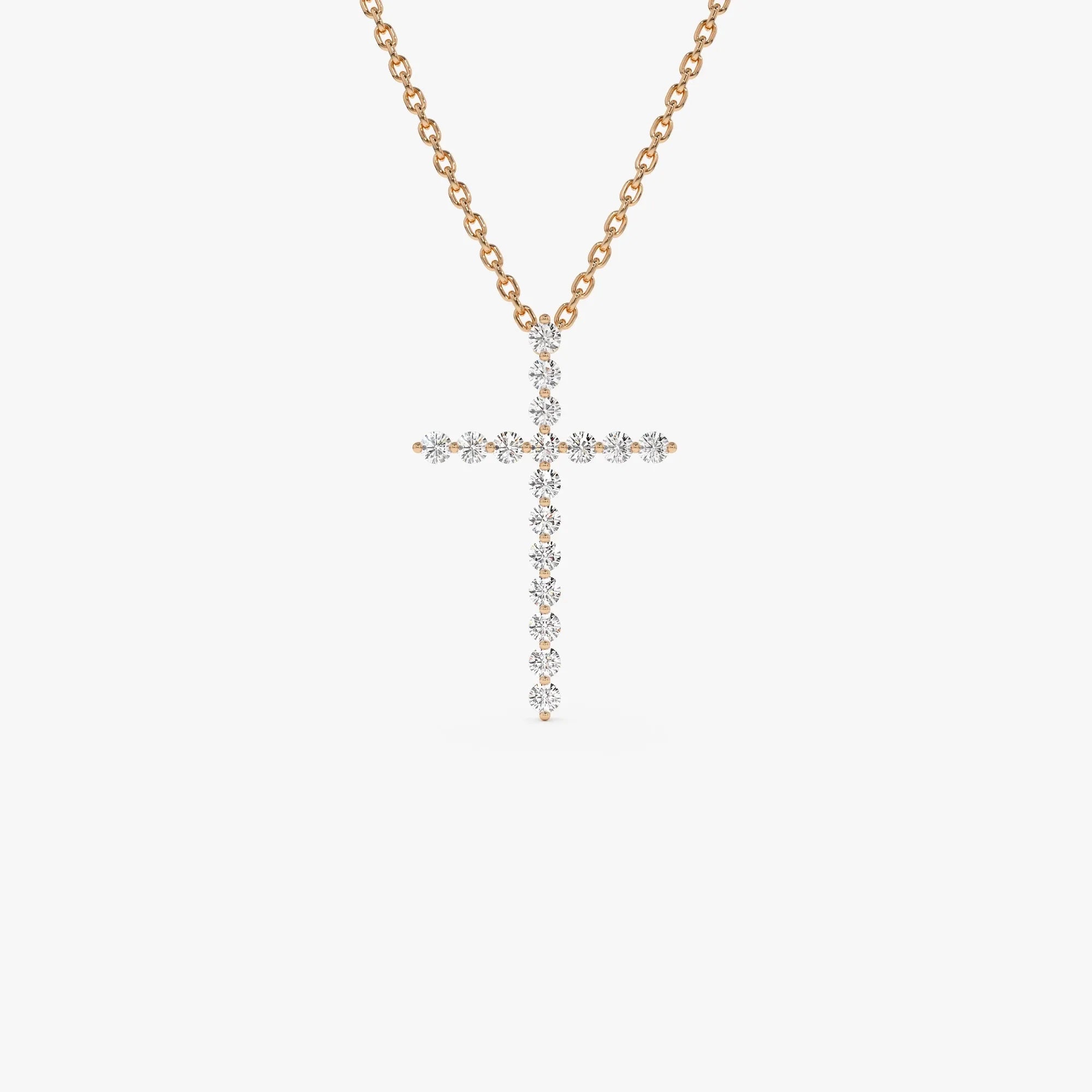 14K Solid Gold 0.29 CTW Round Diamond Single Shared Prong Cross Necklace
