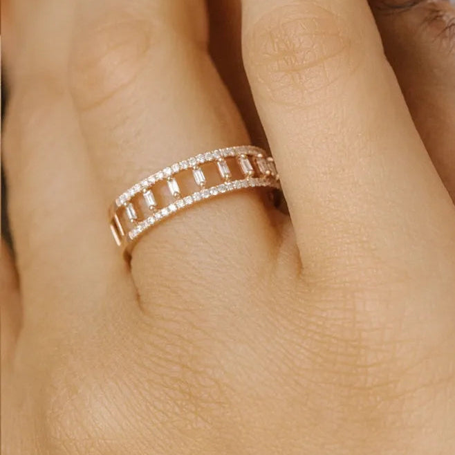 14K Solid Gold 0.40 Carat Baguette and Round Cut Diamond Double Row Micro Pave Ring