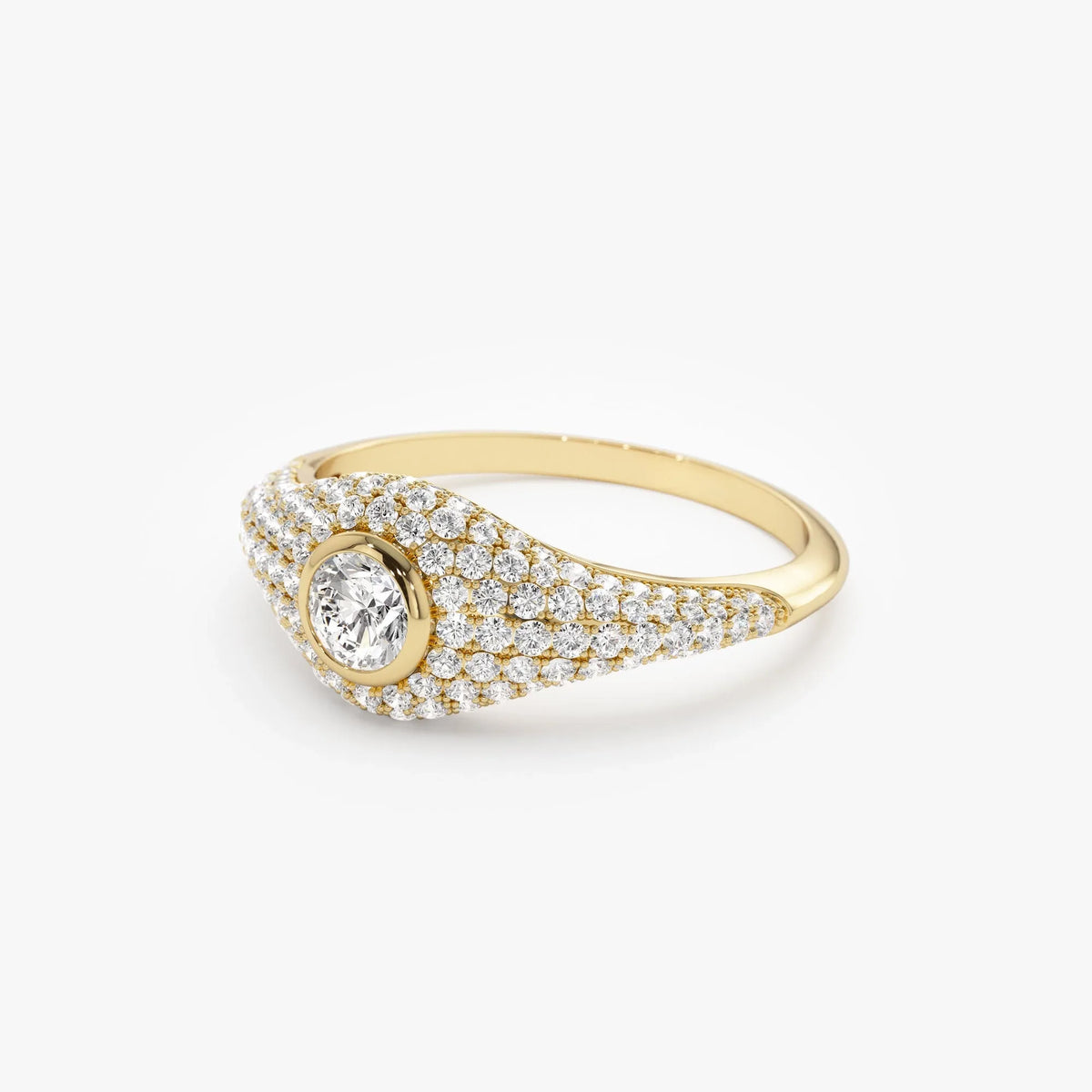 14k Solid Gold Round and Pear Diamond 0.75 Carat Pave Setting Signet Ring