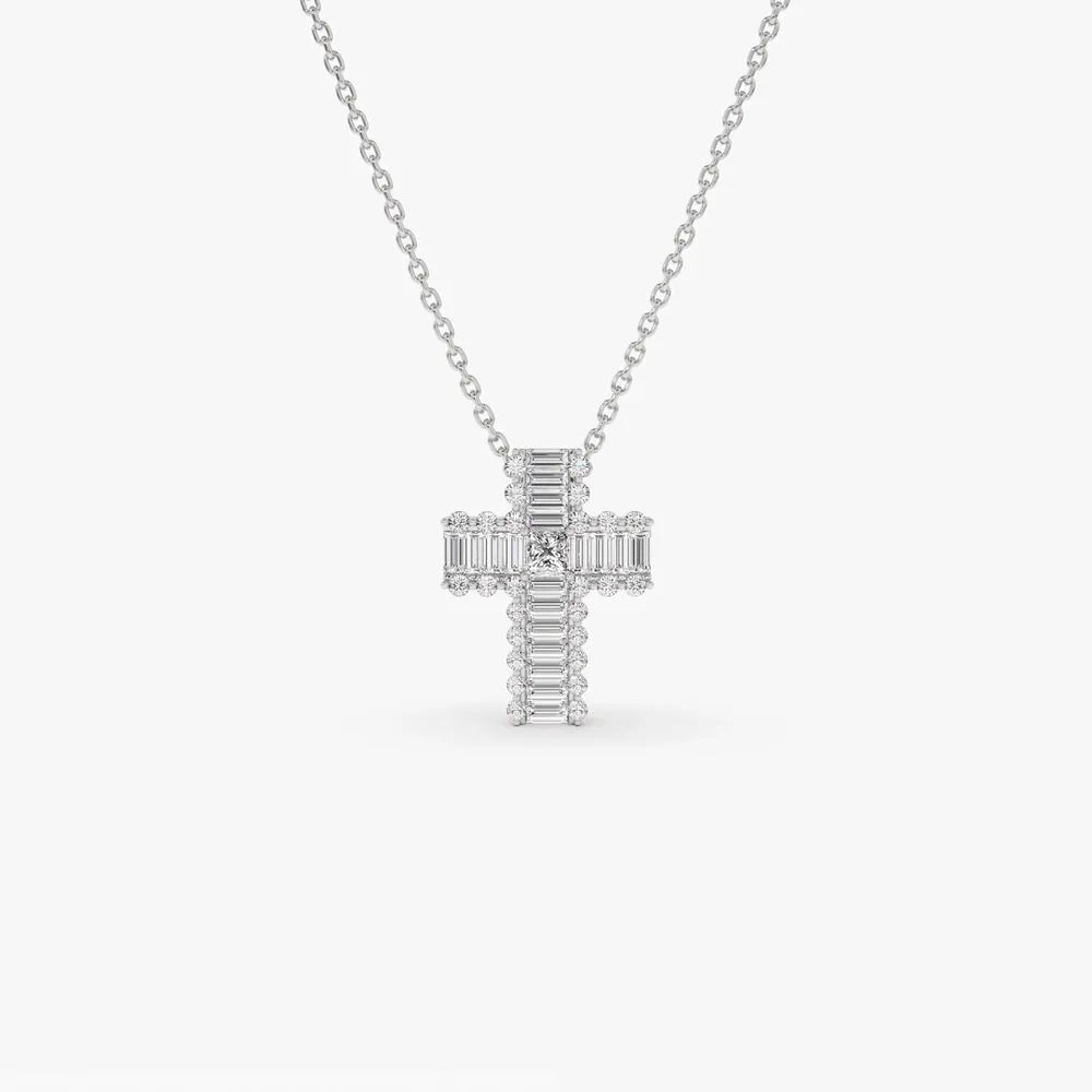 14K Solid Gold Baguette Round and Princess Cut Diamond Cross Pendant Necklace 0.65ctw