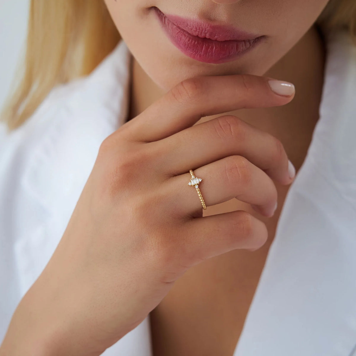 14k Solid Gold Baguette and Round Diamond Beaded Stacking Ring 0.12 ctw