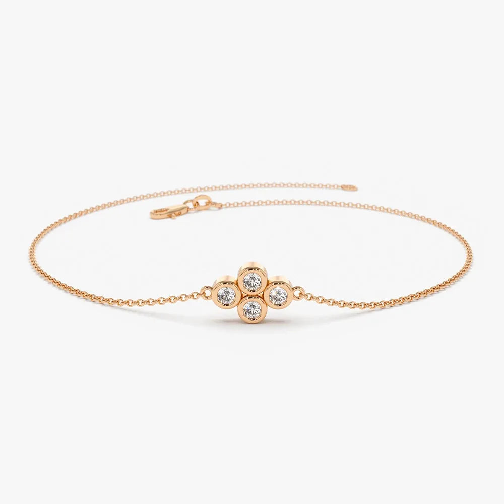 14K Solid Gold Round Diamond Quad Cluster Bracelet Bezel Setting 0.10 Carat