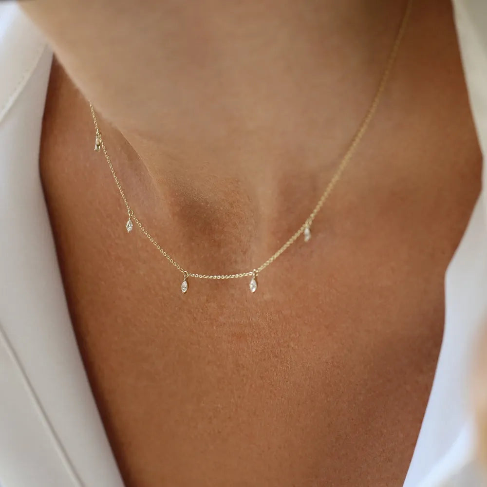 14K Solid Gold Marquise Diamond 5 Stone Dangling Necklace Prong Setting 0.36ctw