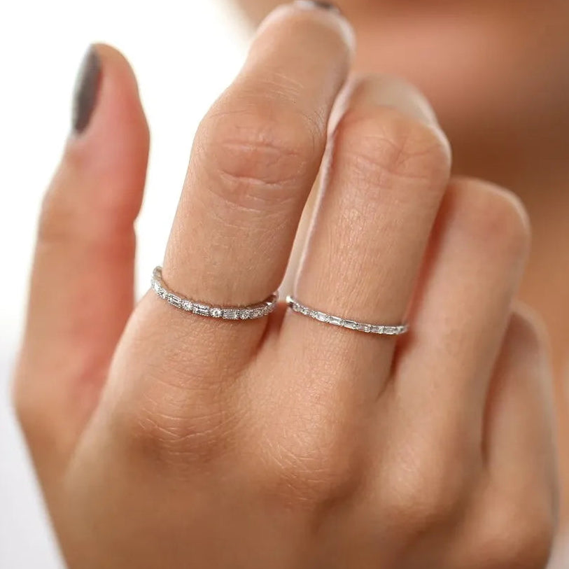14K Gold 0.15 Carat Baguette Diamond Ultra Thin Half Eternity Stackable Ring