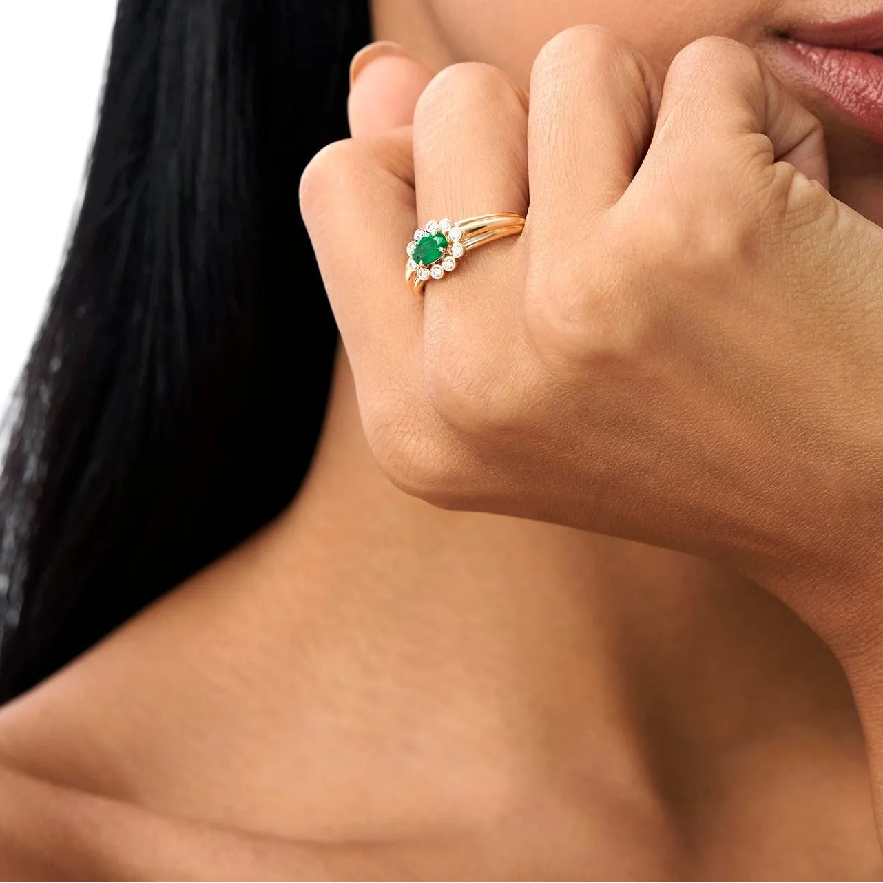 14K Solid Gold Oval Emerald and Round Diamond Bezel Halo Ring 0.60 CTW