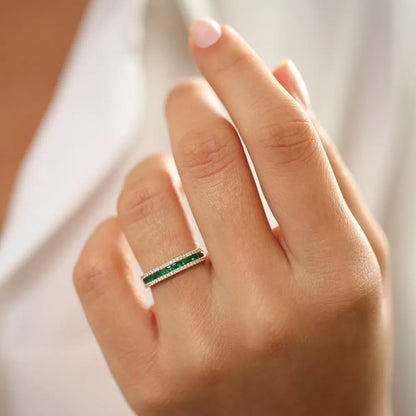 14K Gold Square Emerald and Round Diamond Half Eternity Band Ring 1.01 CTW