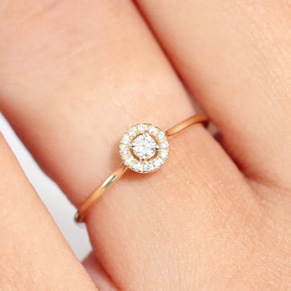 14K Solid Gold 0.12 Ctw Baguette and Round Diamond Micro Pave Halo Ring