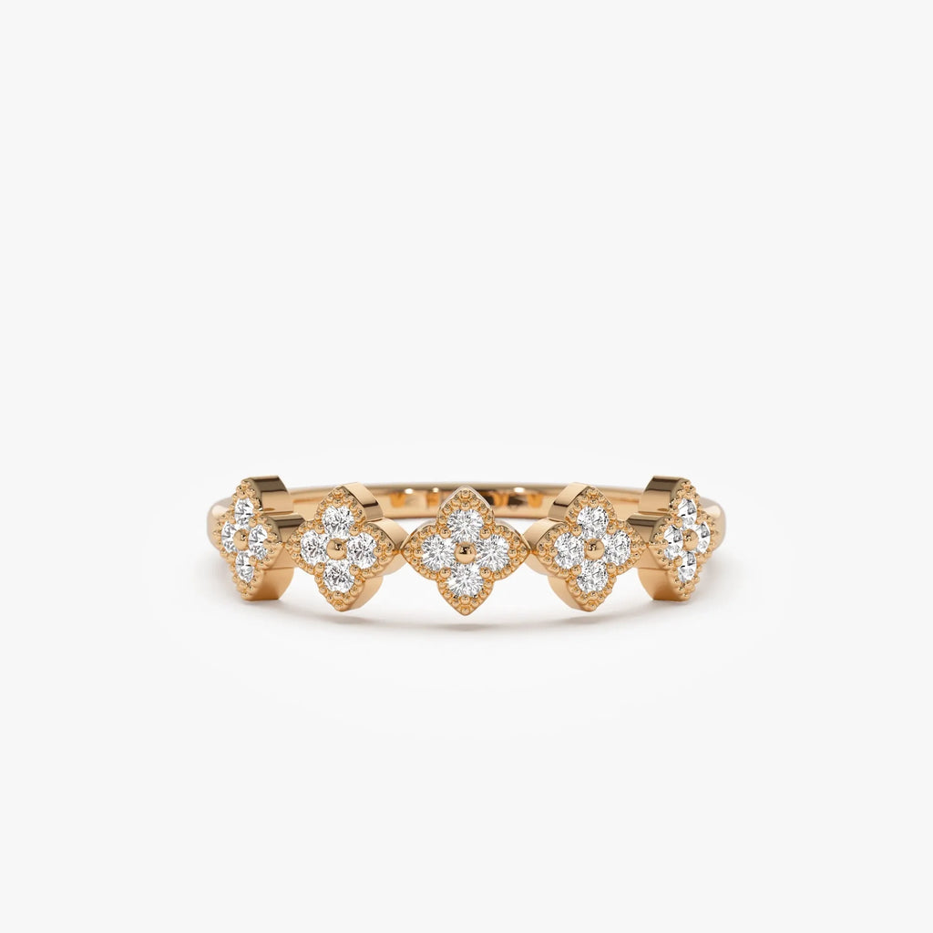 14k Solid Gold Round Diamond Stackable Clover Cluster Ring 0.20 ctw