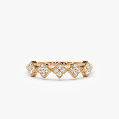 14k Solid Gold Round Diamond Stackable Clover Cluster Ring 0.20 ctw