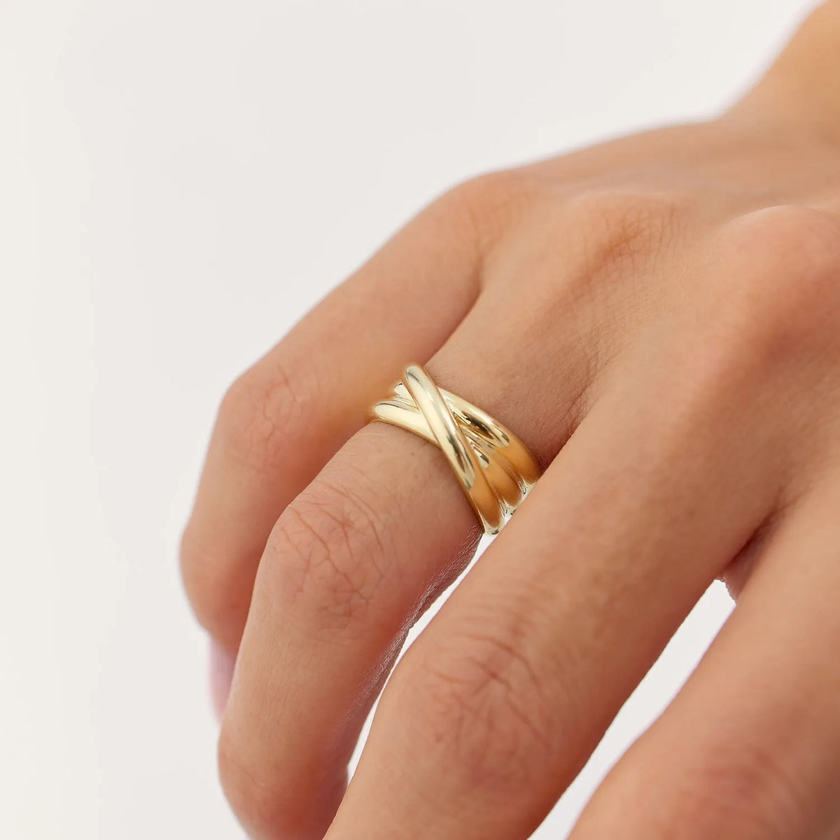 14k Solid Gold Multi Strand Crossover Wide Band Statement Ring