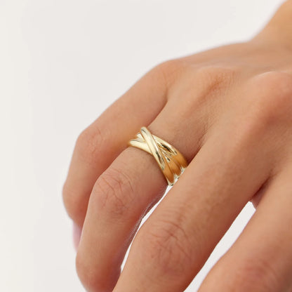 14k Solid Gold Multi Strand Crossover Wide Band Statement Ring