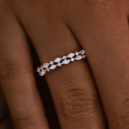 14k Gold Diamond Marquise and Round Double Row Alternating Shared Prong Ring 0.55 Carat
