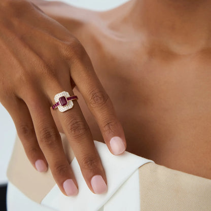 14k Gold Ruby and Diamond Emerald and Square Cut Art Deco Ring 2.80 ctw