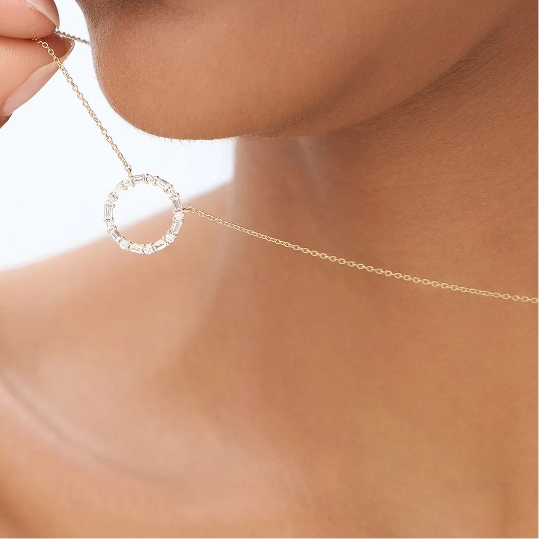 14K Solid Gold 0.30 CTW Baguette and Round Diamond Circle Necklace