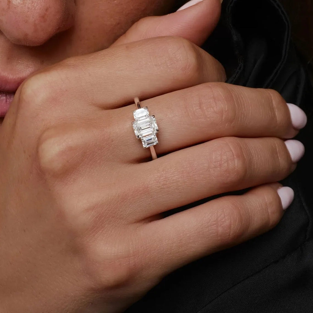14k Gold 1.50 ctw Lab Grown Diamond Emerald Cut Three Stone Engagement Ring