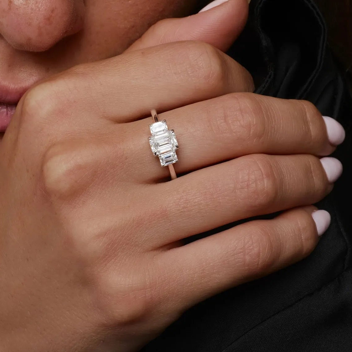 14k Gold 1.50 ctw Lab Grown Diamond Emerald Cut Three Stone Engagement Ring