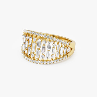 14k Solid Gold Baguette and Round Diamond 0.90 Carat Multi Row Statement Ring