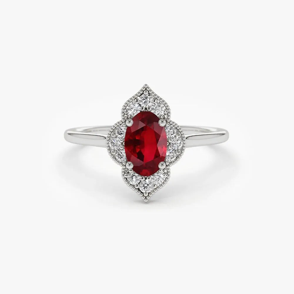 14k Gold Ruby and Diamond Oval Round Cut Victorian Ring Prong Micro Pave 0.58 ctw