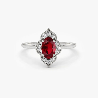 14k Gold Ruby and Diamond Oval Round Cut Victorian Ring Prong Micro Pave 0.58 ctw