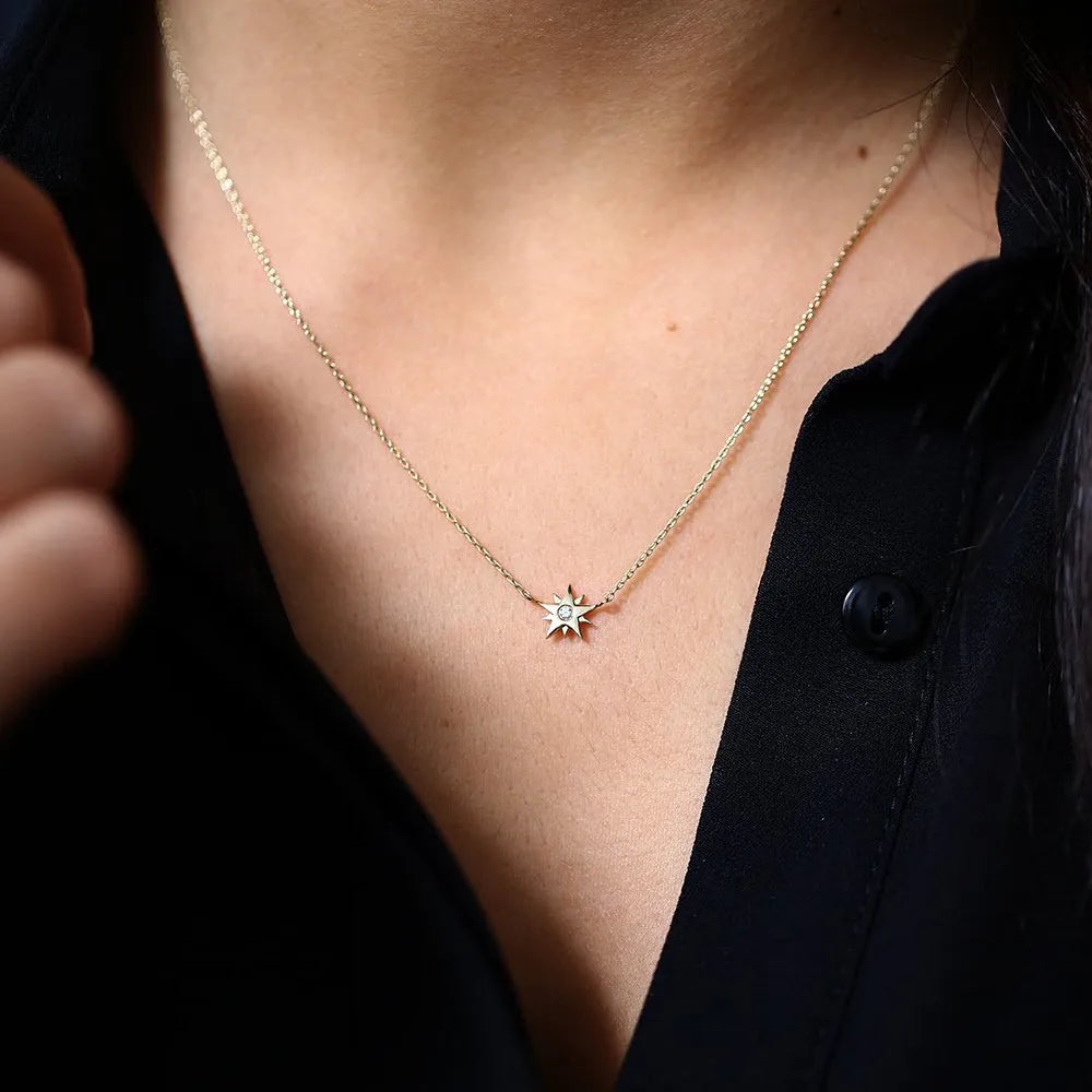 14K Solid Gold Round Diamond Star Pendant Necklace Burnish Setting 0.03ctw