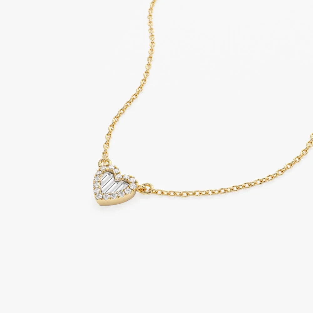 14K Solid Gold Round and Baguette Diamond Mini Heart Pendant Necklace 0.14ctw