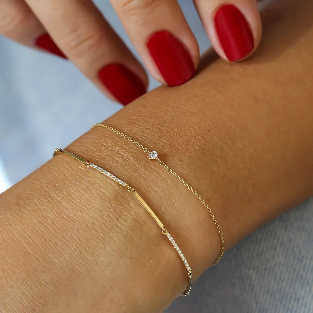 14K Solid Gold Round Diamond Bar Bracelet Micro Pave 0.30 Carat