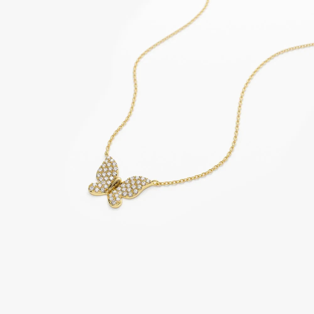14K Solid Gold Round Diamond Pave Butterfly Pendant Necklace 0.29ctw