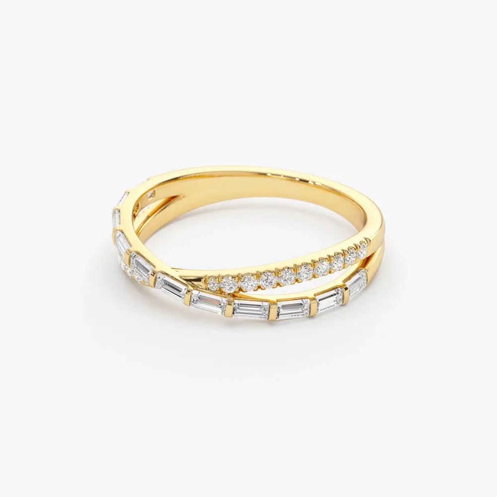 14k Gold 0.49 Carat Round and Baguette Diamond Crossover Ring
