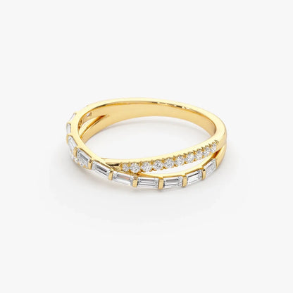 14k Gold 0.49 Carat Round and Baguette Diamond Crossover Ring