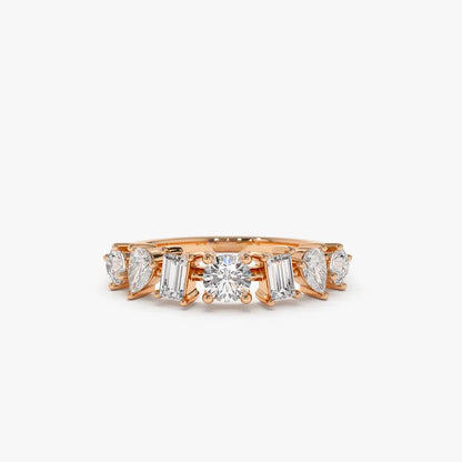 14k Gold Diamond Mixed Round Baguette and Pear Cut 0.77 Ctw Prong Set Ring