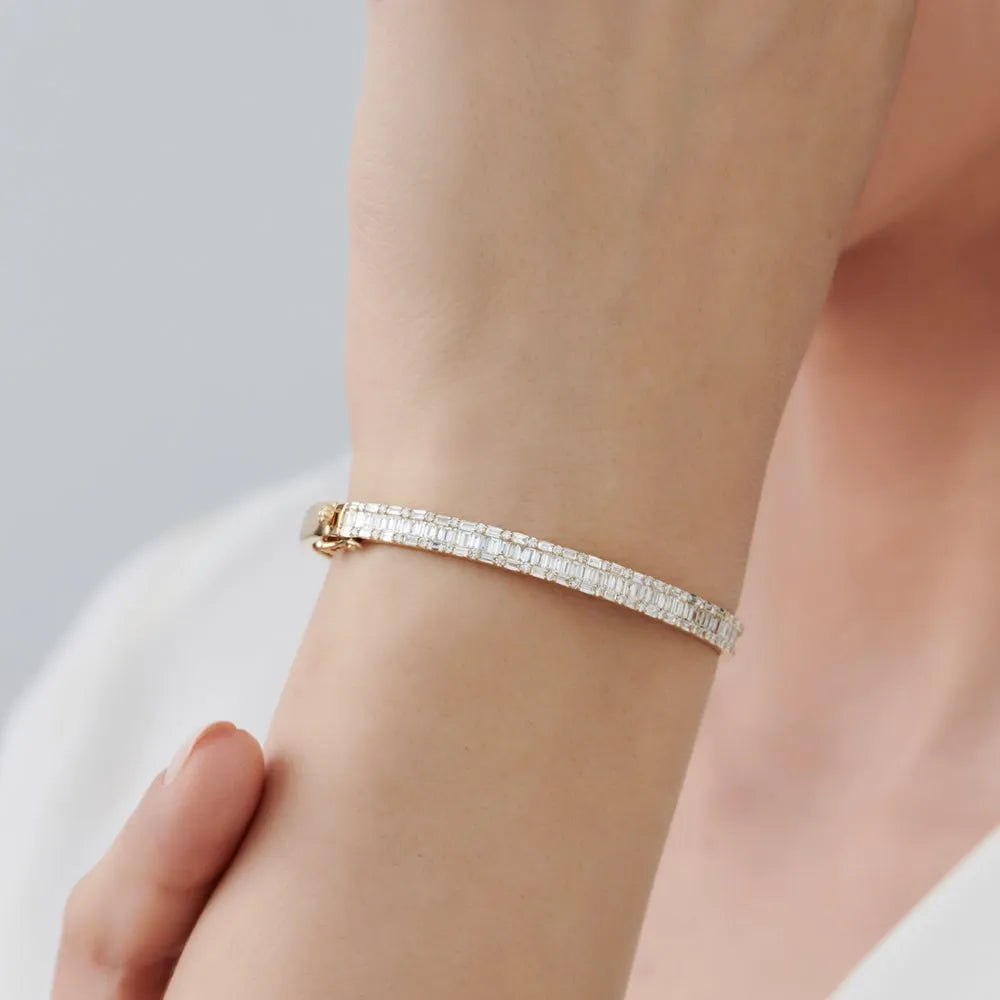 14K Solid Gold 2.60 CTW Baguette and Round Diamond Micro Pave Statement Bangle