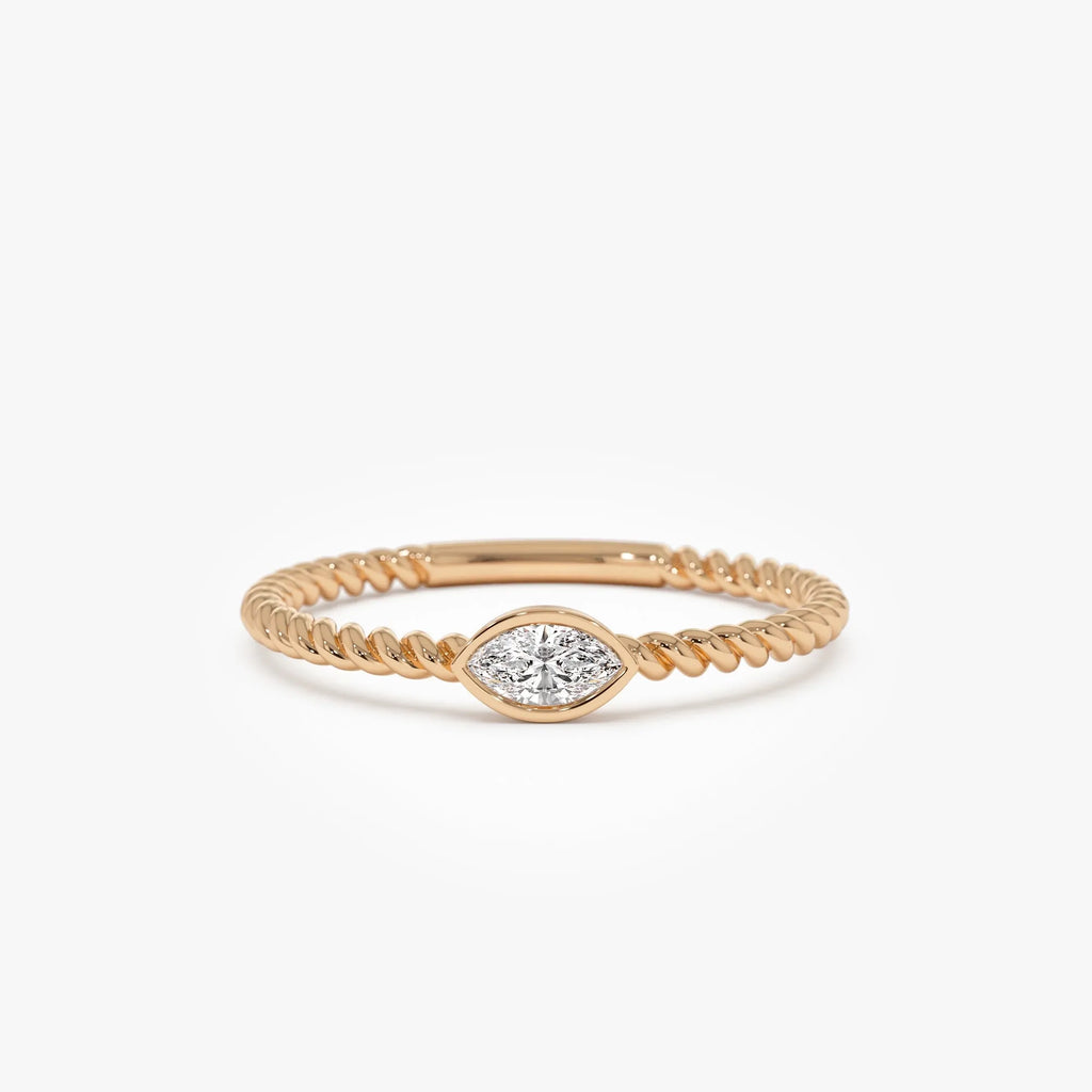 14k Solid Gold Diamond Marquise Ring Bezel Set Rope Band
