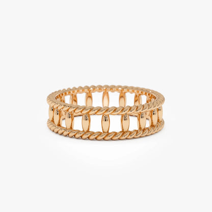 14k Gold Double Rope Link Ring 5.3mm Wide Statement Band