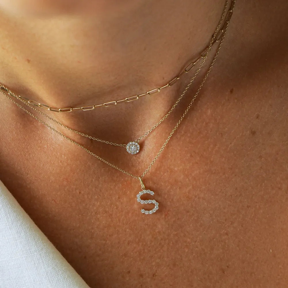 14K Solid Gold Round Diamond Medium Initial Letter Pendant Necklace 0.30ctw