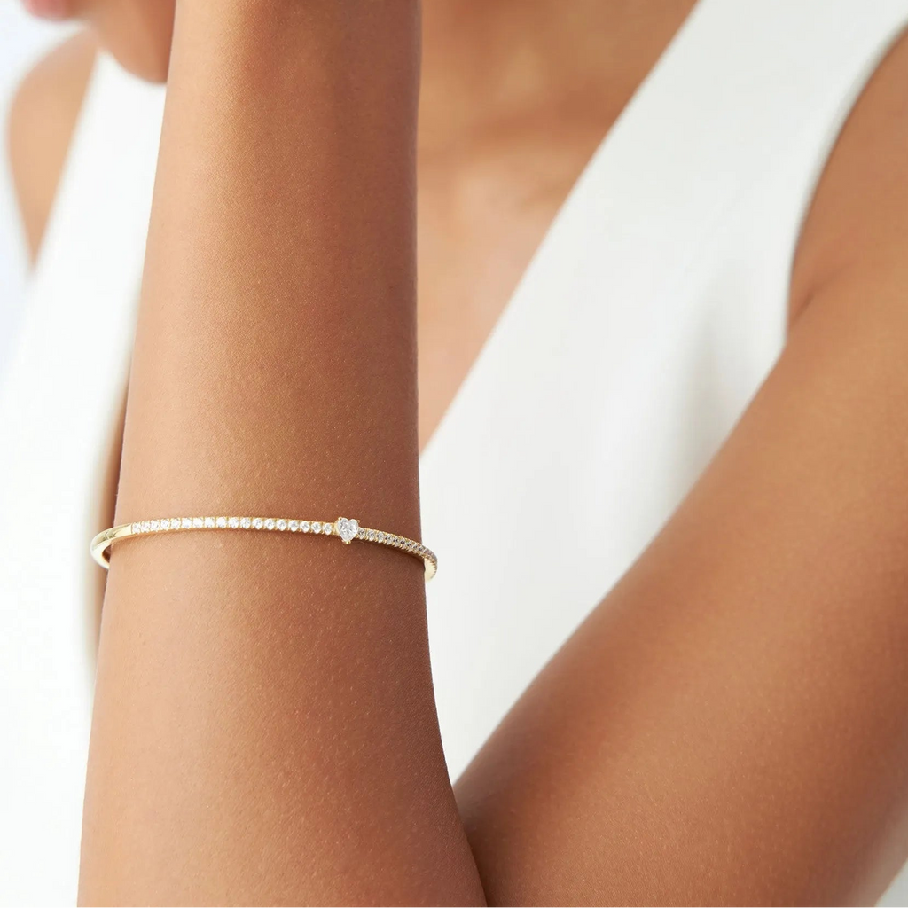 14K Solid Gold 1.10 CTW Heart and Round Diamond Bangle