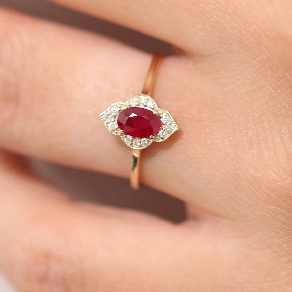 14k Gold Ruby and Diamond Oval Round Cut Victorian Ring Prong Micro Pave 0.58 ctw