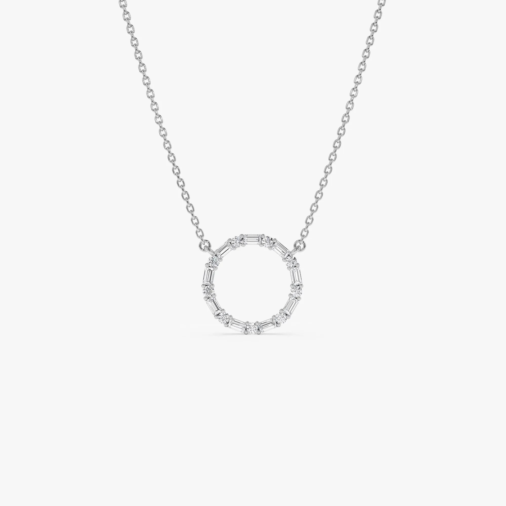 14K Solid Gold 0.30 CTW Baguette and Round Diamond Circle Necklace