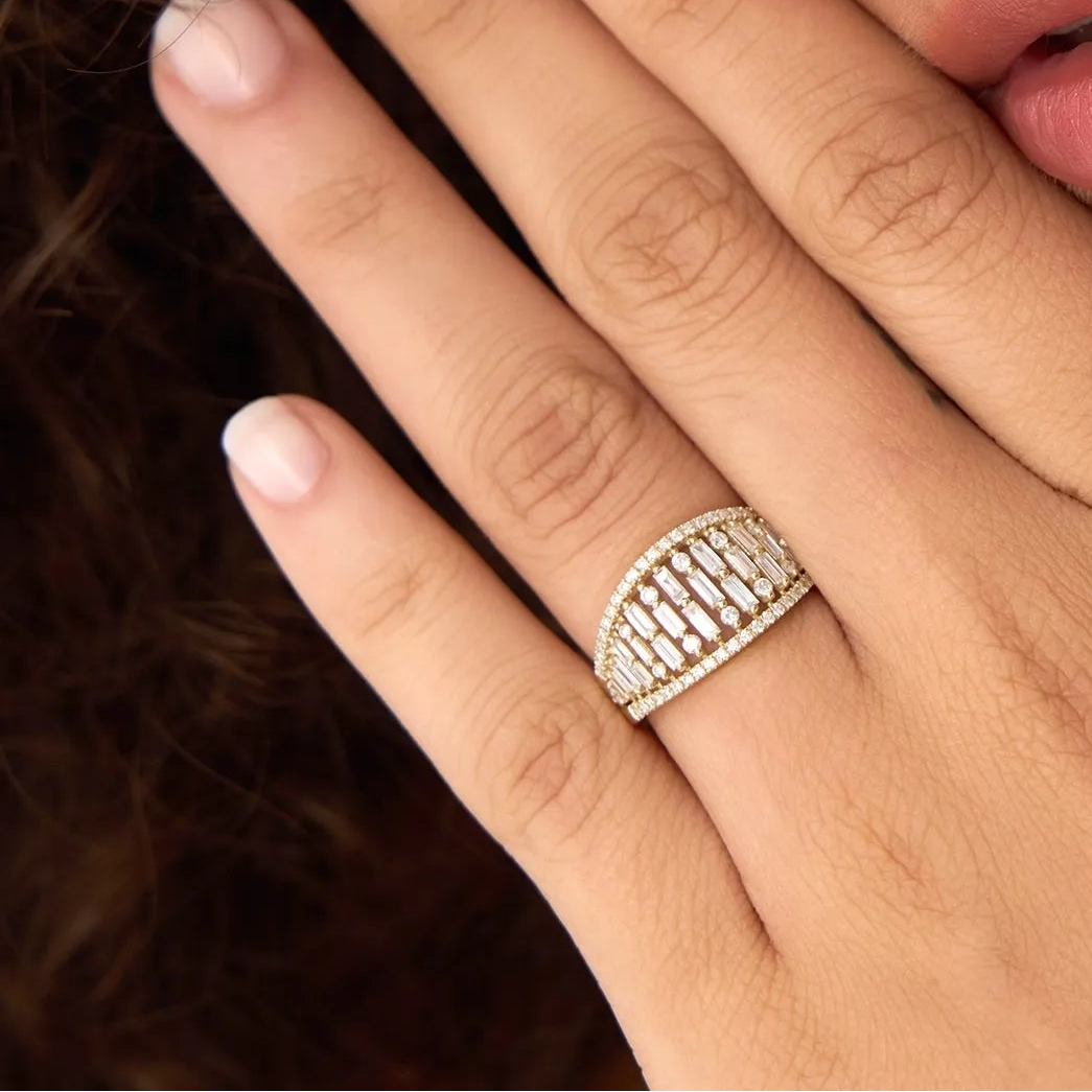 14k Solid Gold Baguette and Round Diamond 0.90 Carat Multi Row Statement Ring