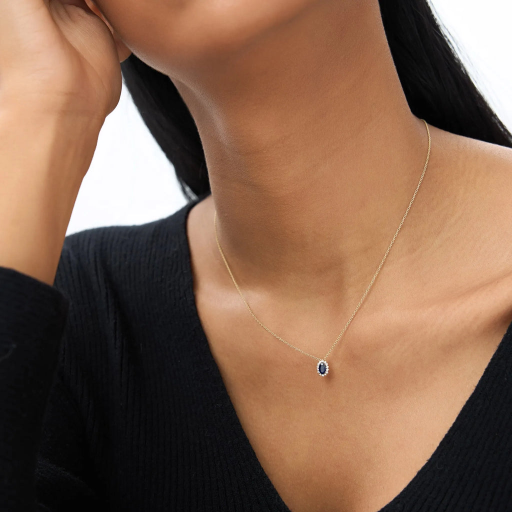 14k Solid Gold Sapphire and Diamond Oval Halo Necklace 0.35 Carat