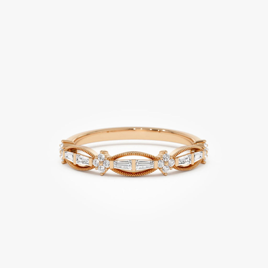 14k Gold 0.18 CTW Baguette and Round Diamond Vintage Inspired Wedding Ring