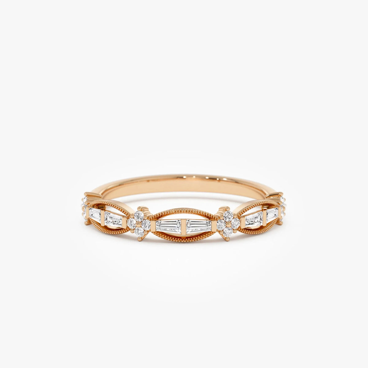 14k Gold 0.18 CTW Baguette and Round Diamond Vintage Inspired Wedding Ring