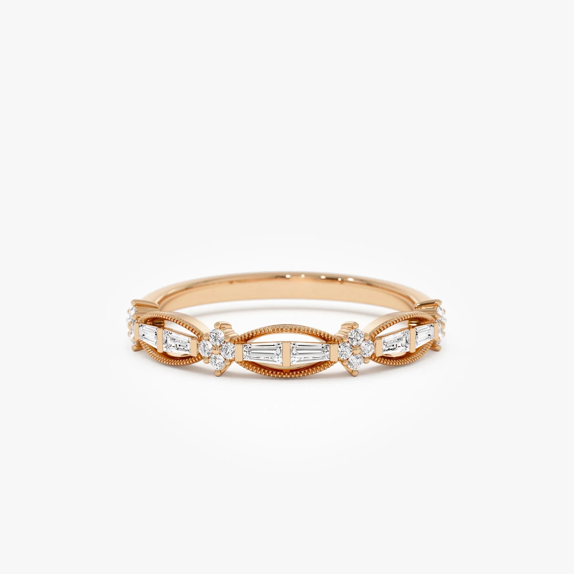 14k Gold 0.18 CTW Baguette and Round Diamond Vintage Inspired Wedding Ring