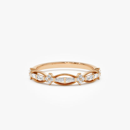 14k Gold 0.18 CTW Baguette and Round Diamond Vintage Inspired Wedding Ring