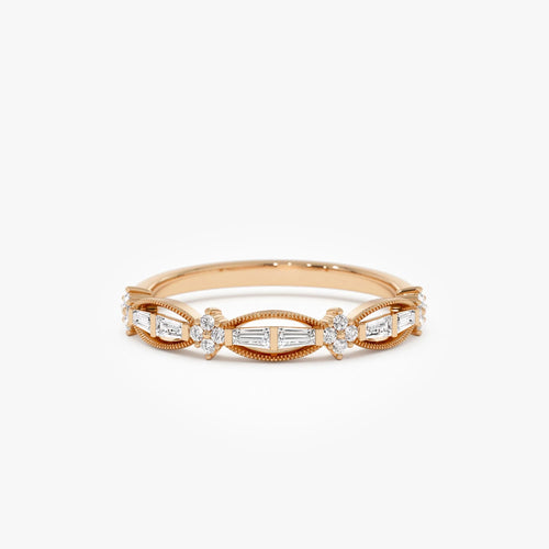 14k Gold 0.18 CTW Baguette and Round Diamond Vintage Inspired Wedding Ring