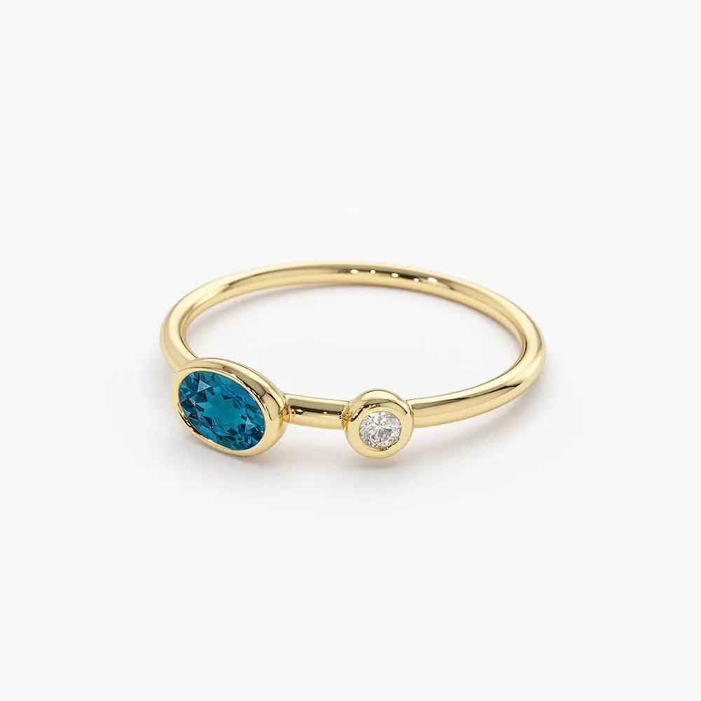14K Solid Gold Oval London Blue Topaz and Diamond 0.59ctw Bezel Set Ring