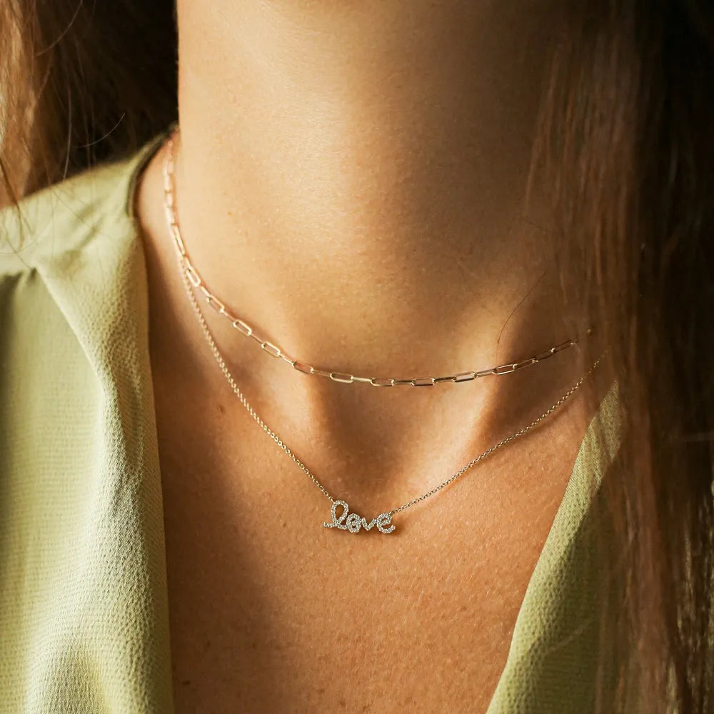 14K Solid Gold Round Diamond Love Pendant Necklace Prong Setting 0.21ctw